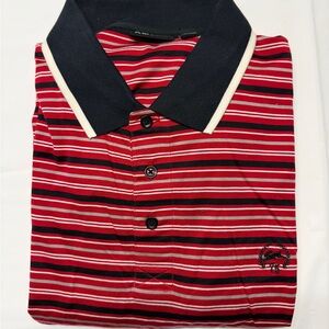 Classic Red Striped Polo with Navy Contrast Collar